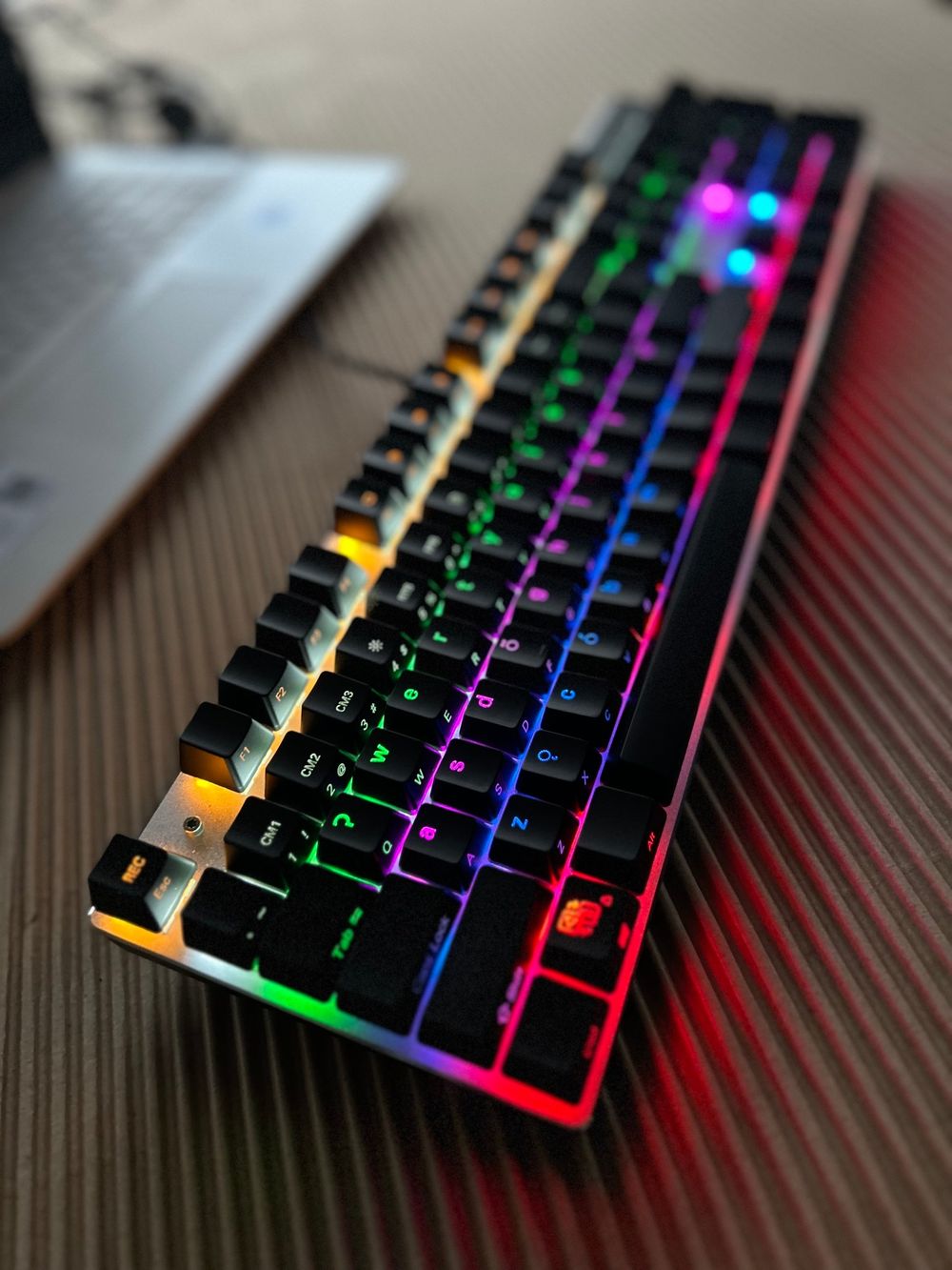 Close-up of a backlit FN Keys keyboard seen at an angle